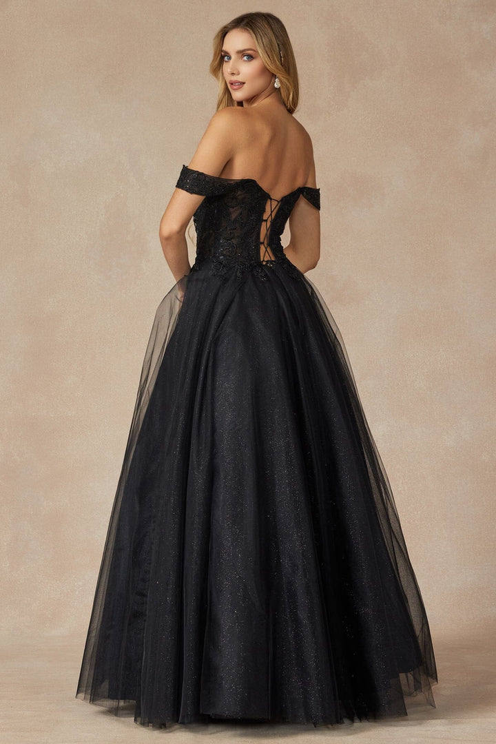 Embroidered Off Shoulder Tulle Gown by Juliet 280