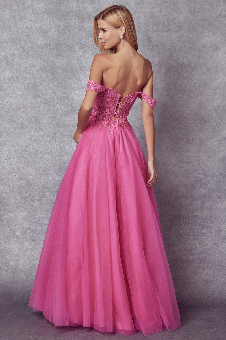 Embroidered Off Shoulder Tulle Gown by Juliet 280