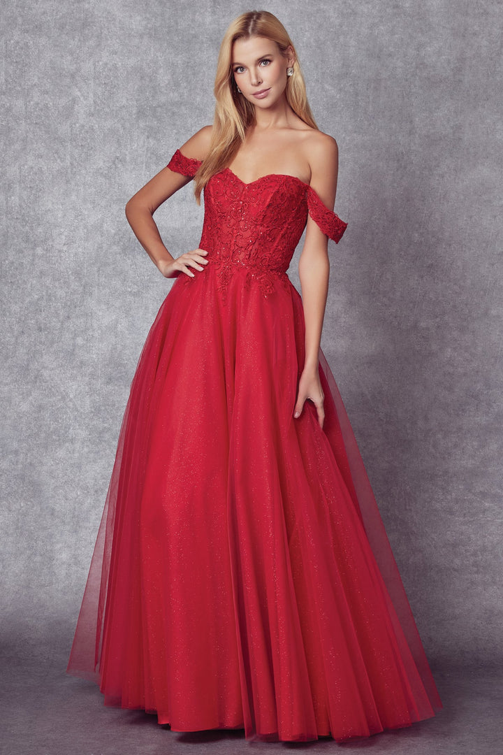 Embroidered Off Shoulder Tulle Gown by Juliet 280