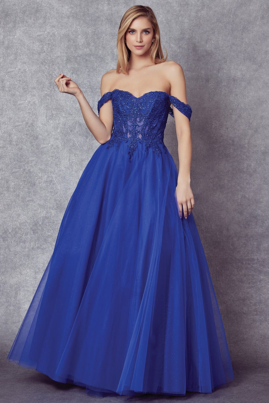 Embroidered Off Shoulder Tulle Gown by Juliet 280