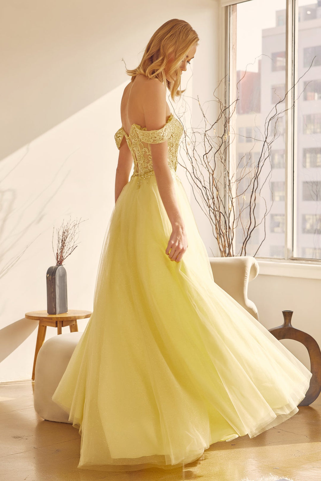 Embroidered Off Shoulder Tulle Gown by Juliet 280