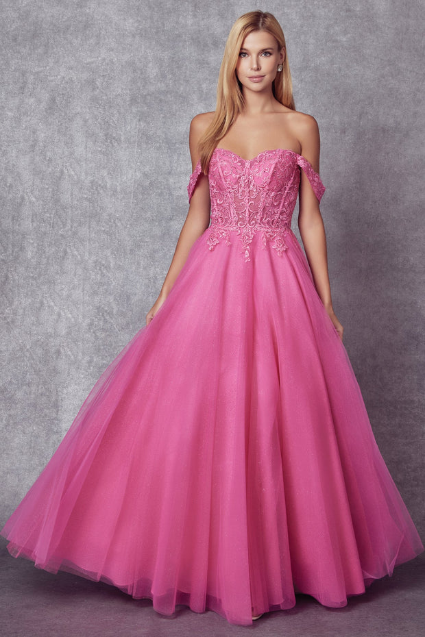 Embroidered Off Shoulder Tulle Gown by Juliet 280