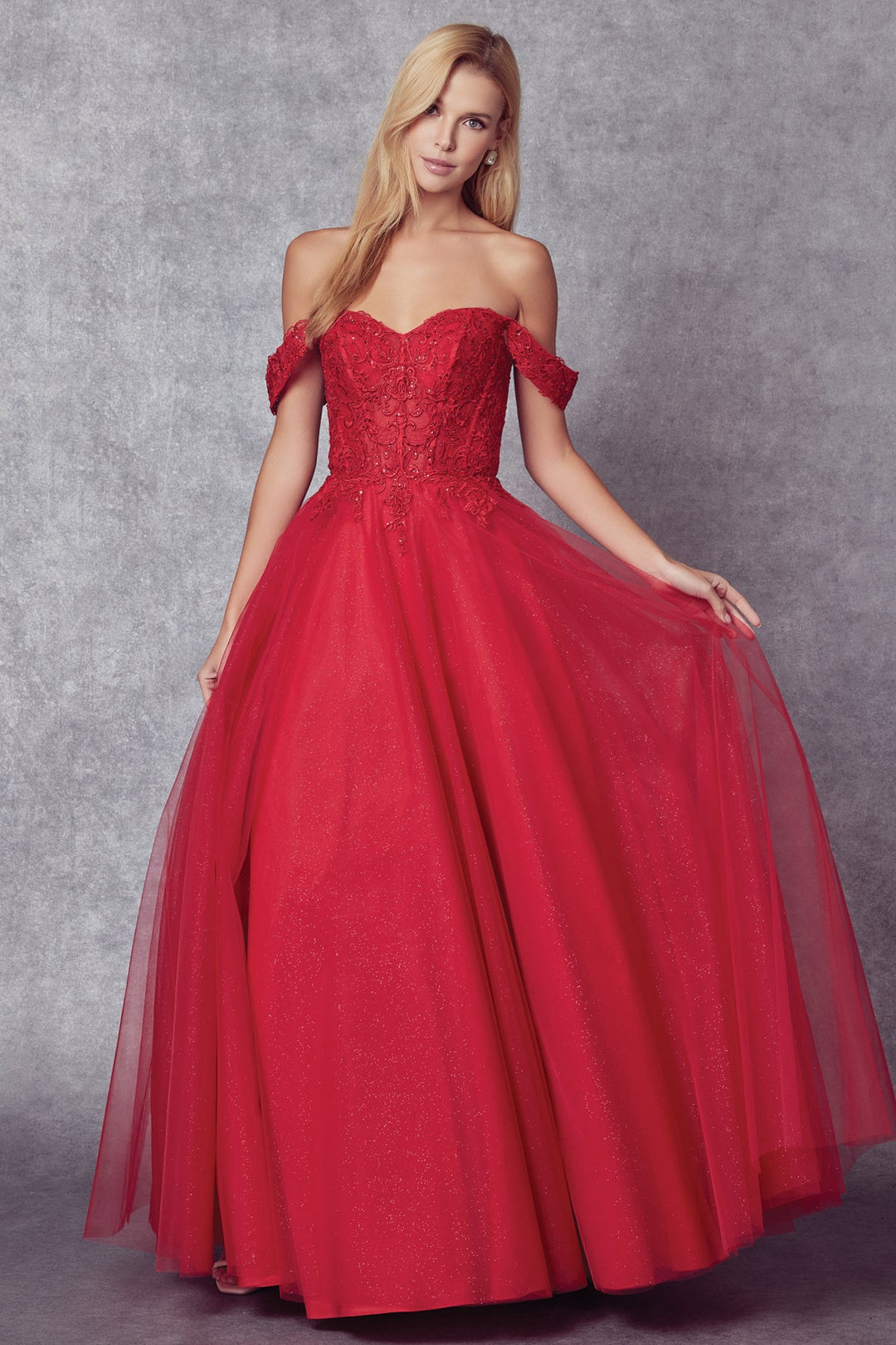 Embroidered Off Shoulder Tulle Gown by Juliet 280