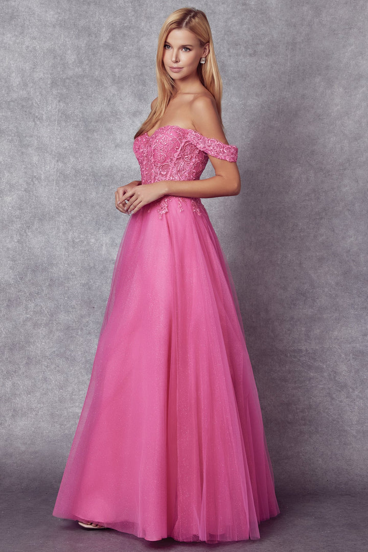 Embroidered Off Shoulder Tulle Gown by Juliet 280