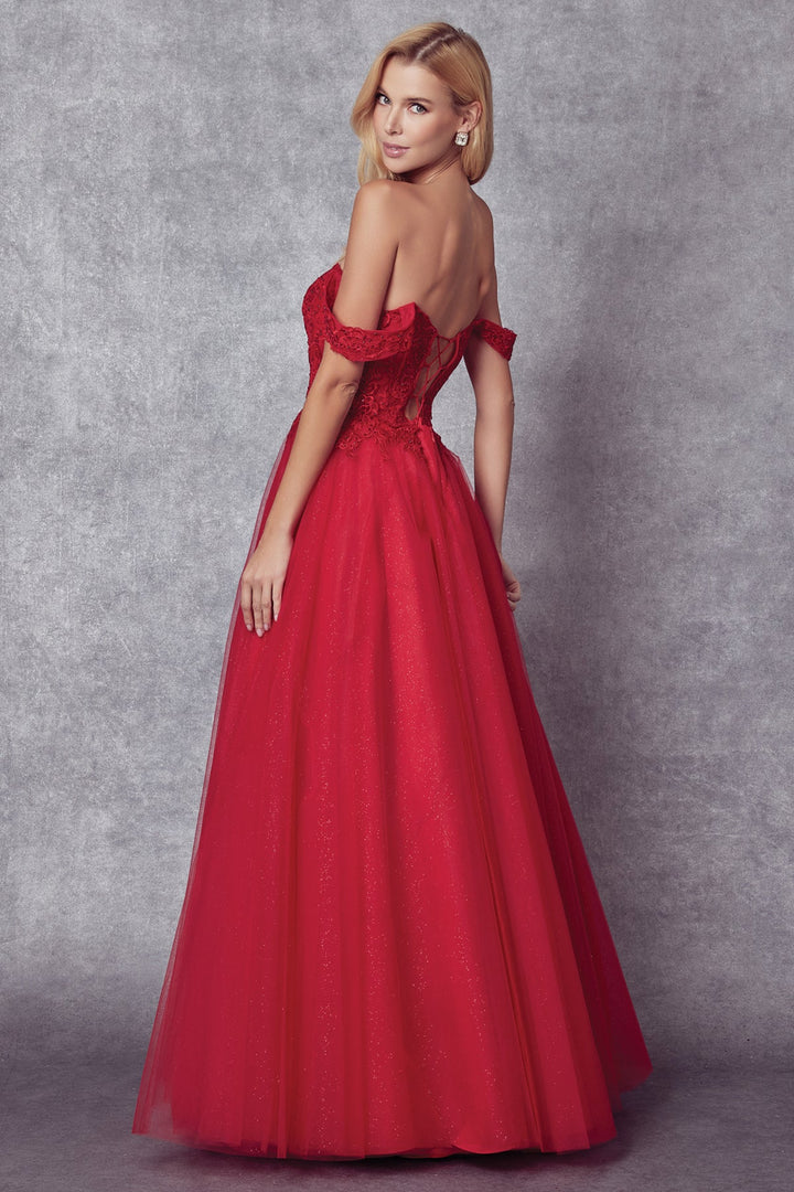 Embroidered Off Shoulder Tulle Gown by Juliet 280