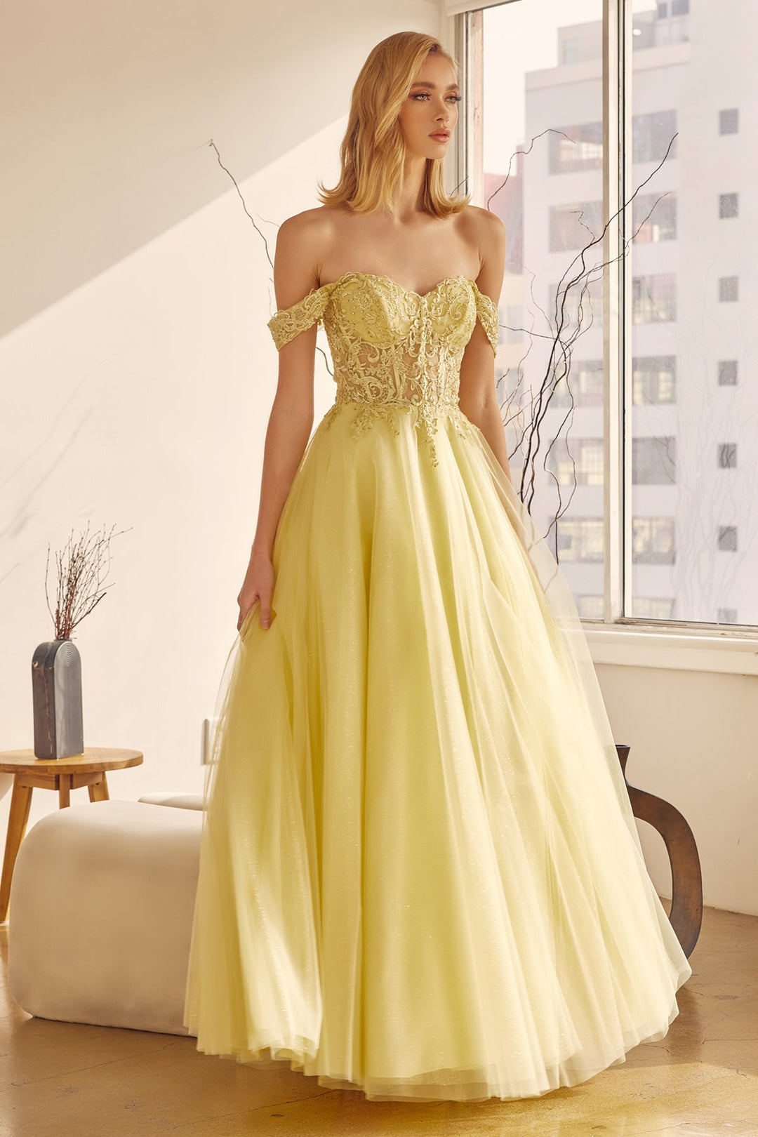 Embroidered Off Shoulder Tulle Gown by Juliet 280