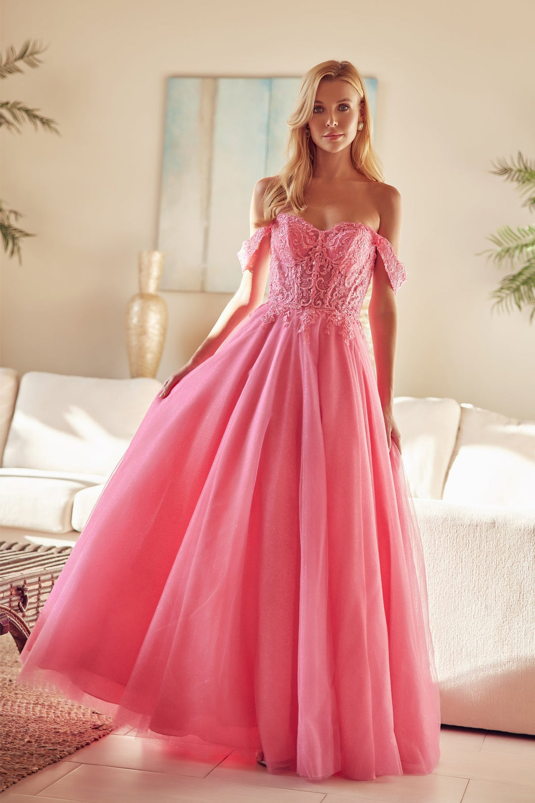 Embroidered Off Shoulder Tulle Gown by Juliet 280