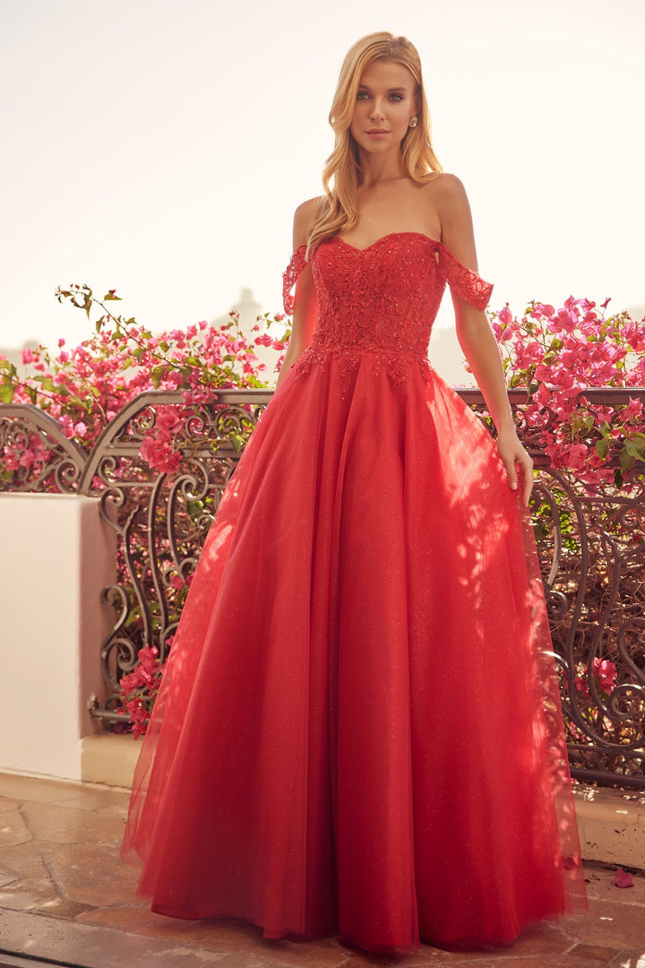 Embroidered Off Shoulder Tulle Gown by Juliet 280