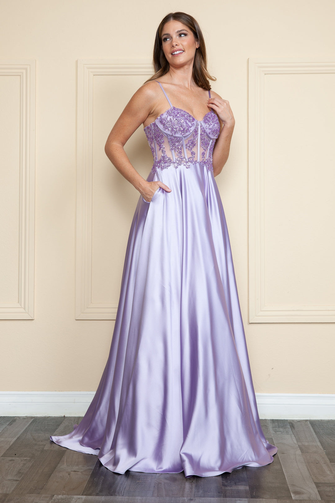 Embroidered Satin Gown by Poly USA 9126