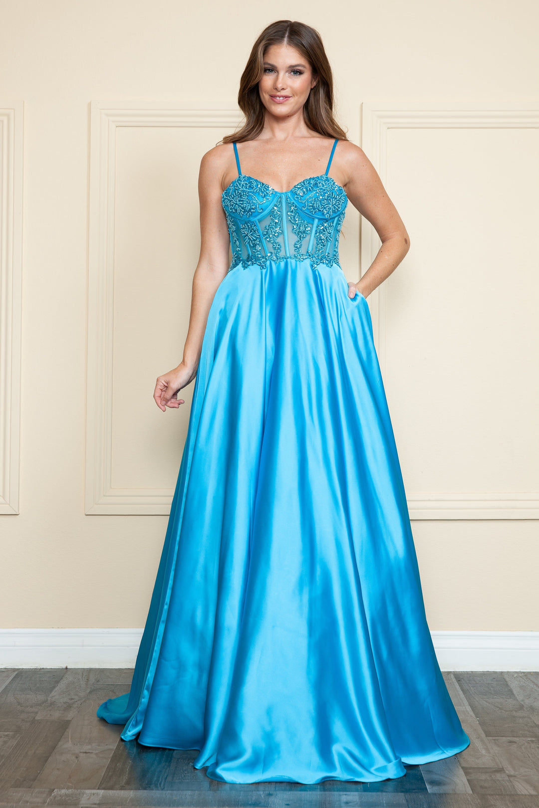 Embroidered Satin Gown by Poly USA 9126
