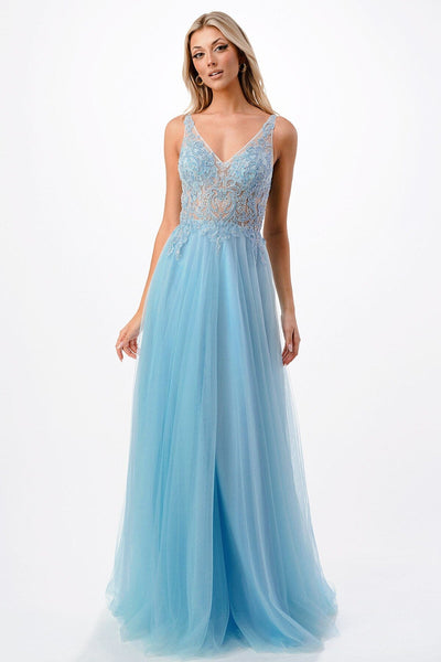 Embroidered Sheer V-Neck Tulle Gown by Coya P2108