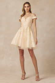 Embroidered Short Cold Shoulder Dress by Juliet 866