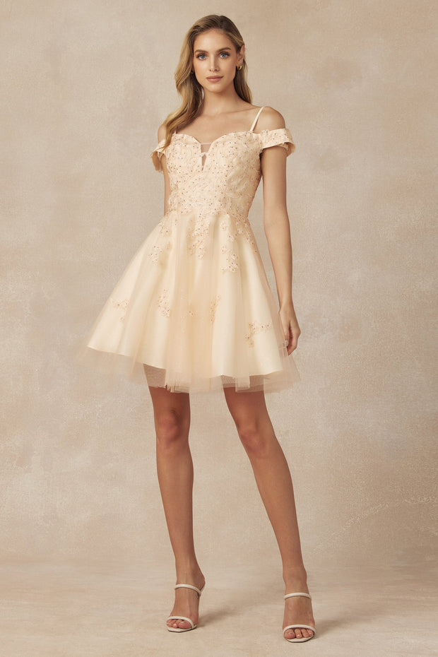 Embroidered Short Cold Shoulder Dress by Juliet 866