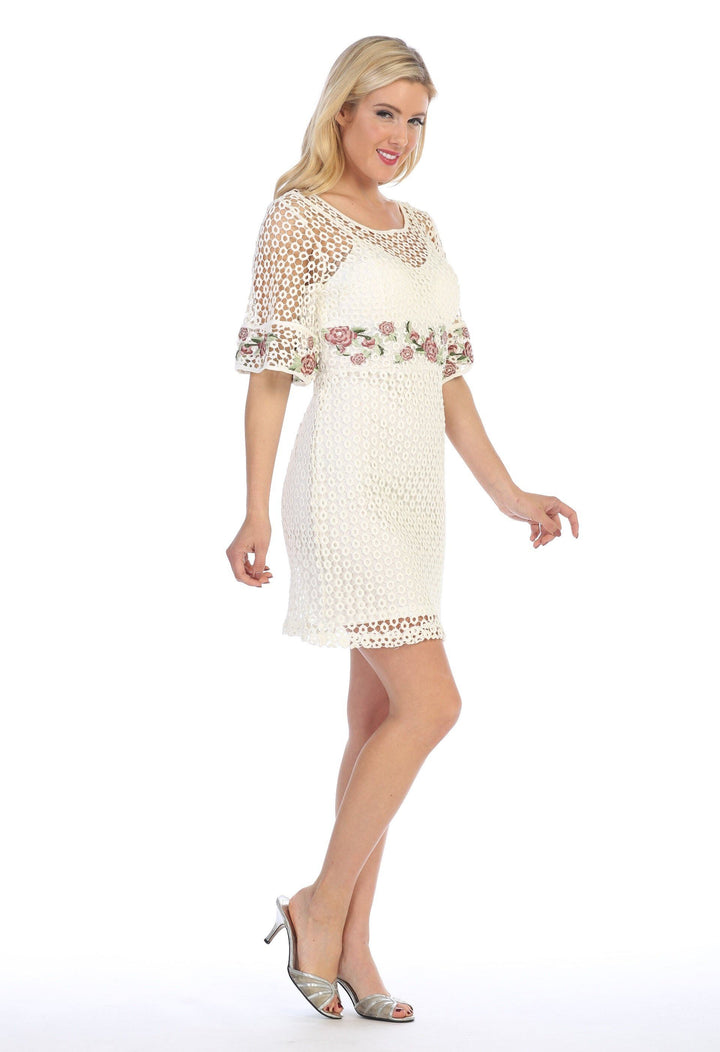 Embroidered Short Eyelet Dress with Sleeves by Celavie 8509-Short Cocktail Dresses-ABC Fashion