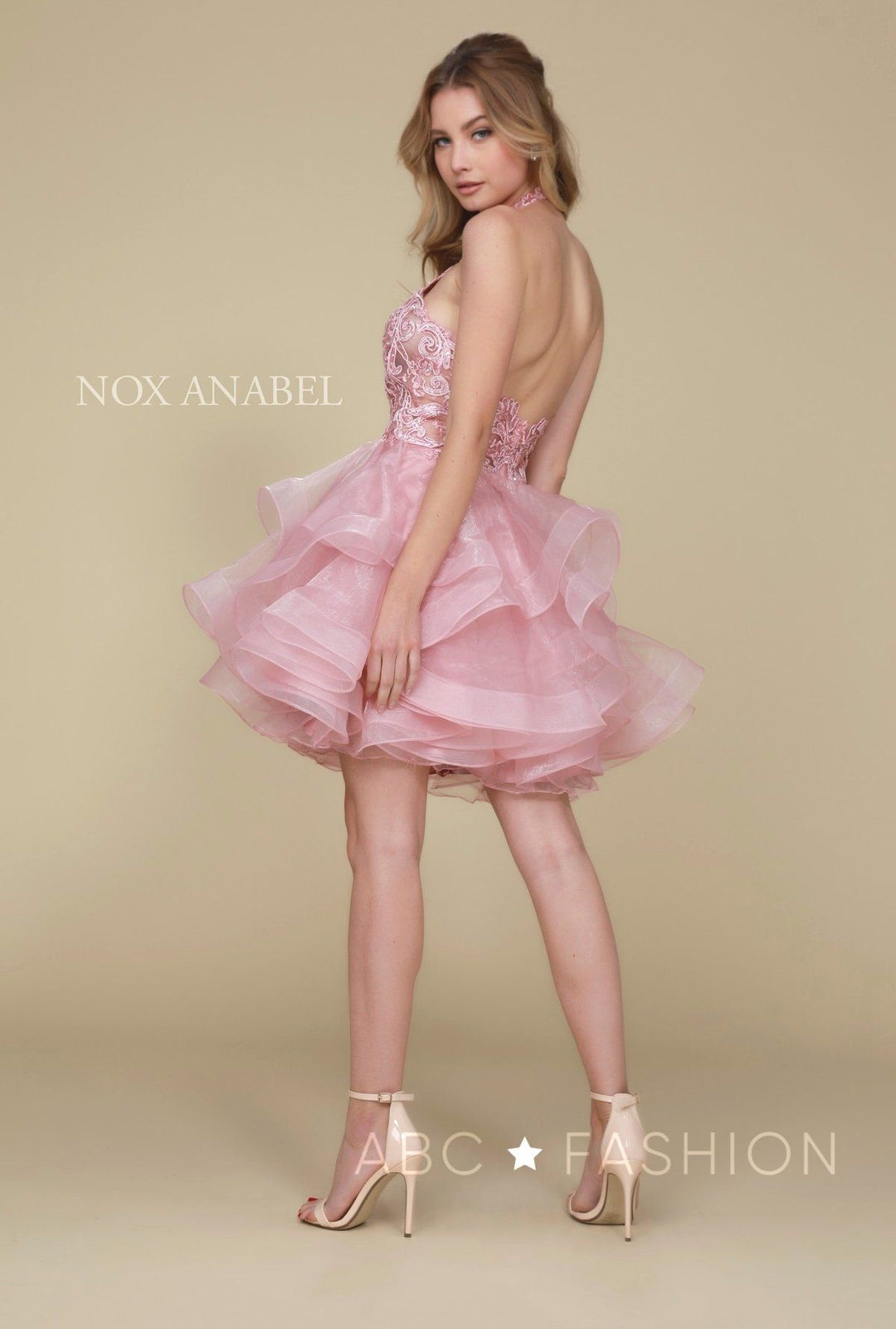 Embroidered Short Halter Dress with Tiered Skirt by Nox Anabel A610-Short Cocktail Dresses-ABC Fashion