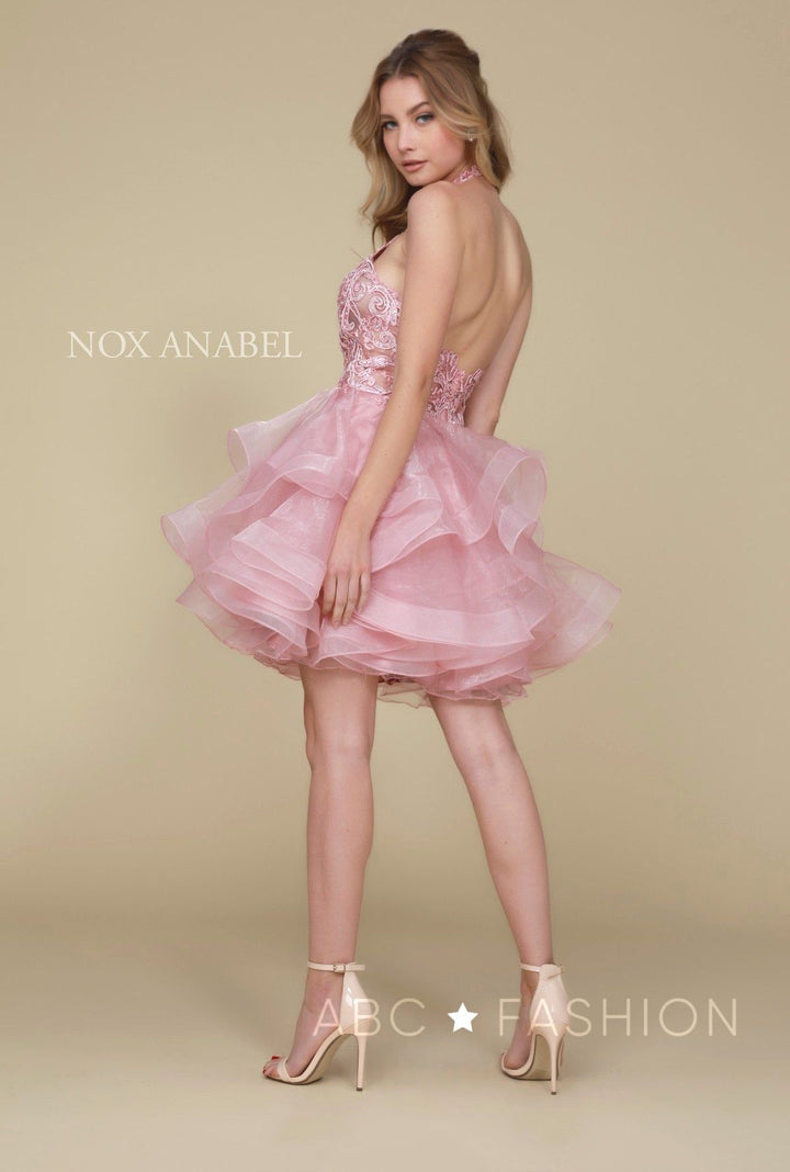 Embroidered Short Halter Dress with Tiered Skirt by Nox Anabel A610-Short Cocktail Dresses-ABC Fashion