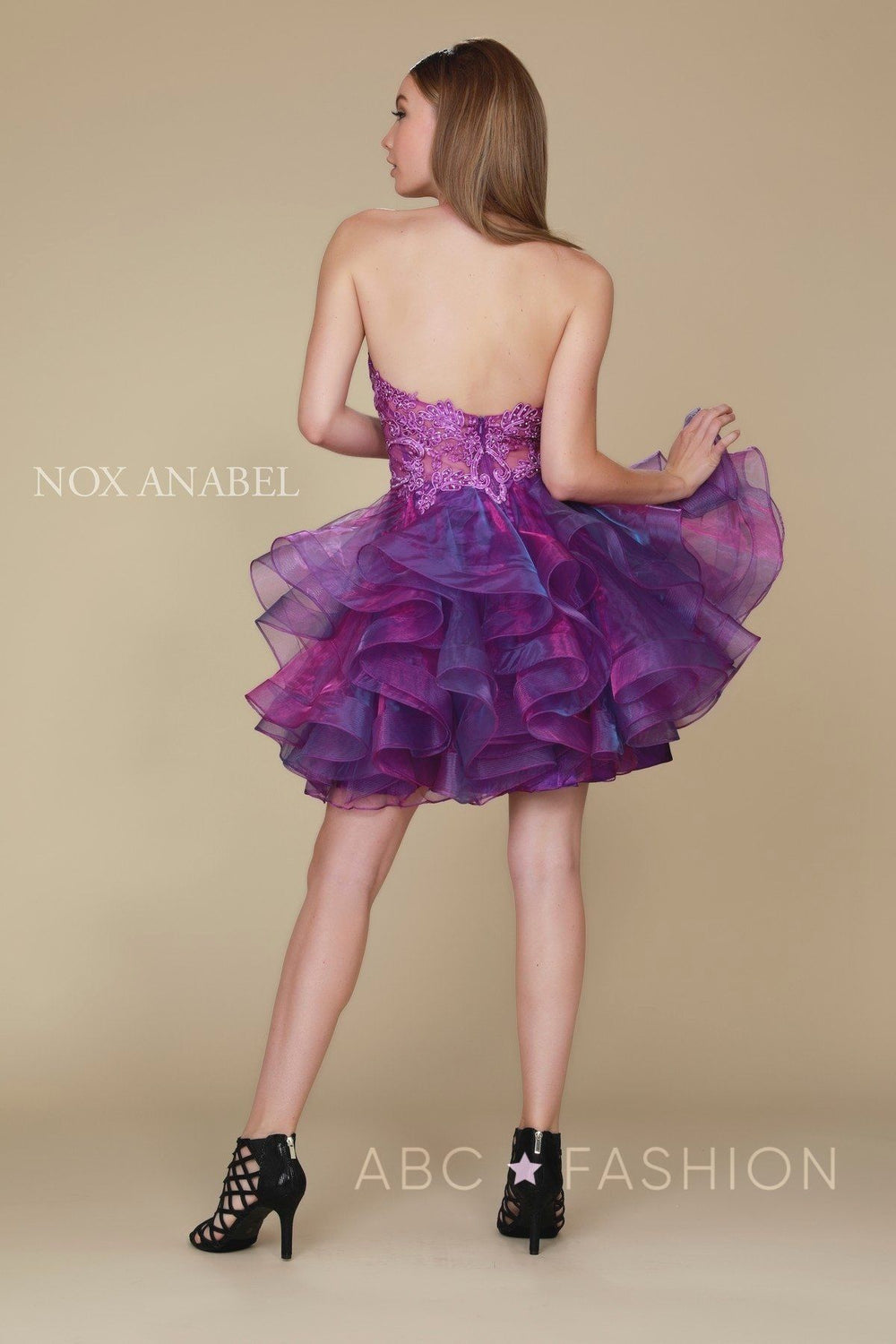 Embroidered Short Halter Dress with Tiered Skirt by Nox Anabel A610-Short Cocktail Dresses-ABC Fashion