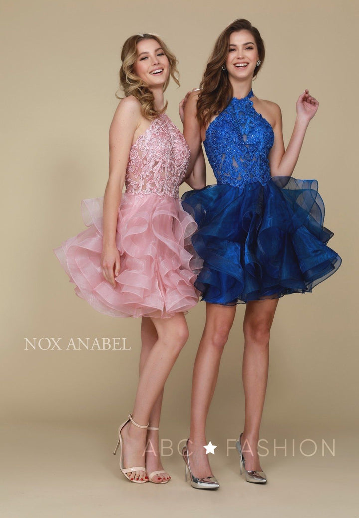 Embroidered Short Halter Dress with Tiered Skirt by Nox Anabel A610-Short Cocktail Dresses-ABC Fashion