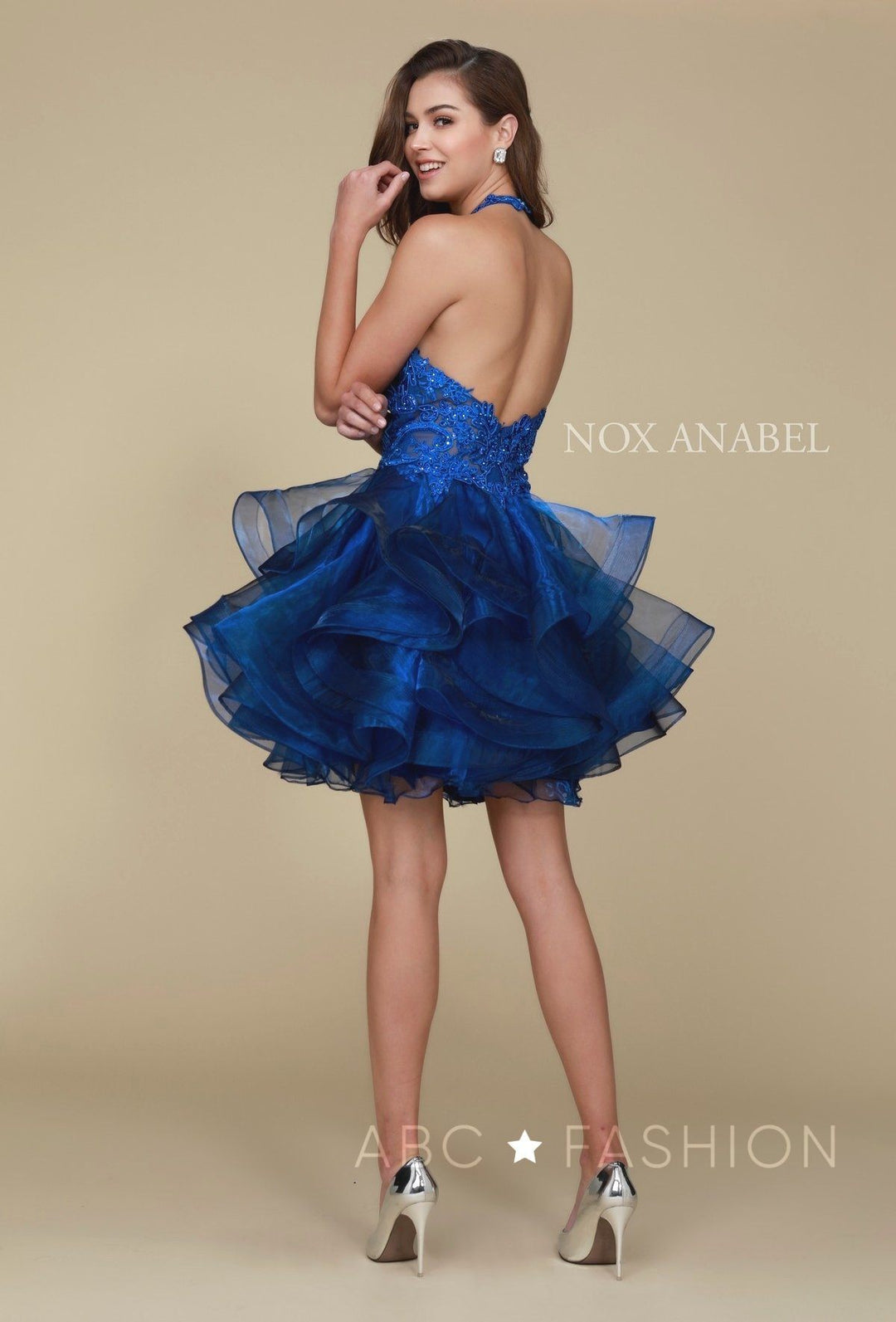 Embroidered Short Halter Dress with Tiered Skirt by Nox Anabel A610-Short Cocktail Dresses-ABC Fashion