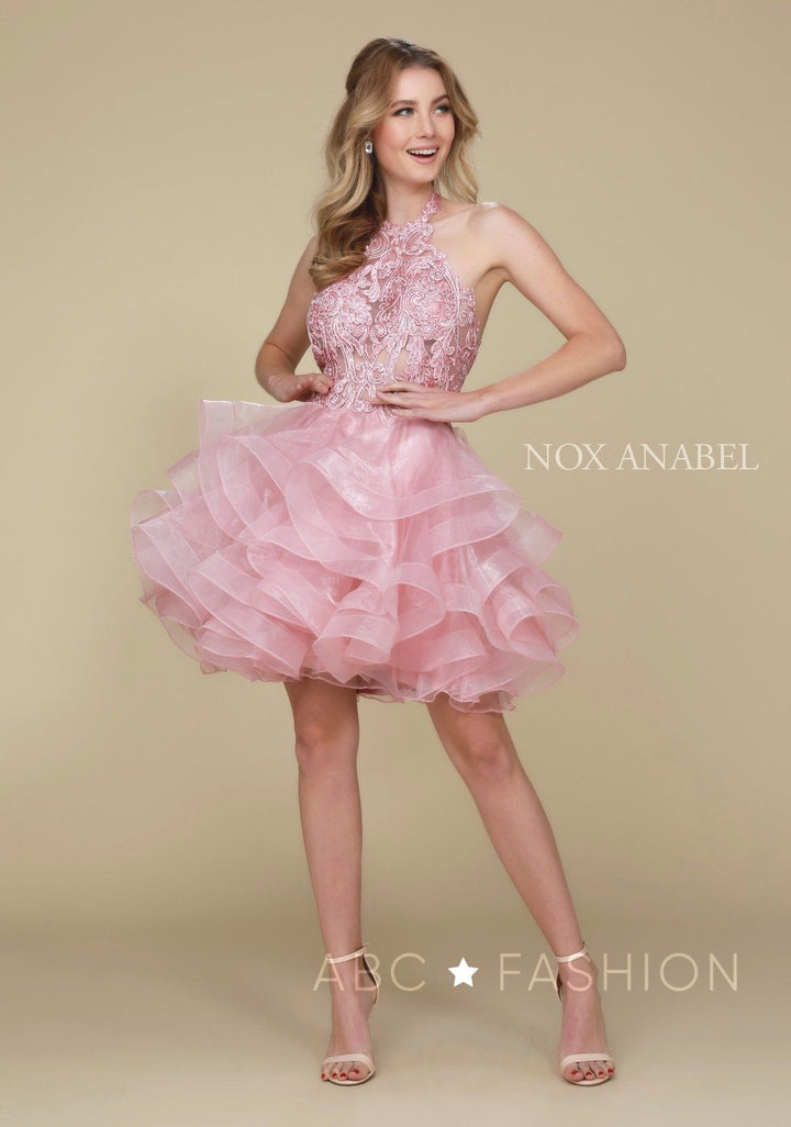 Embroidered Short Halter Dress with Tiered Skirt by Nox Anabel A610-Short Cocktail Dresses-ABC Fashion