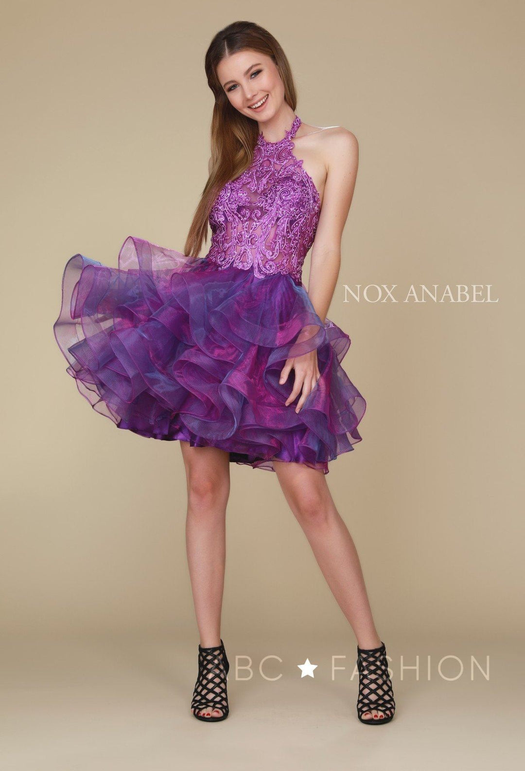 Embroidered Short Halter Dress with Tiered Skirt by Nox Anabel A610-Short Cocktail Dresses-ABC Fashion