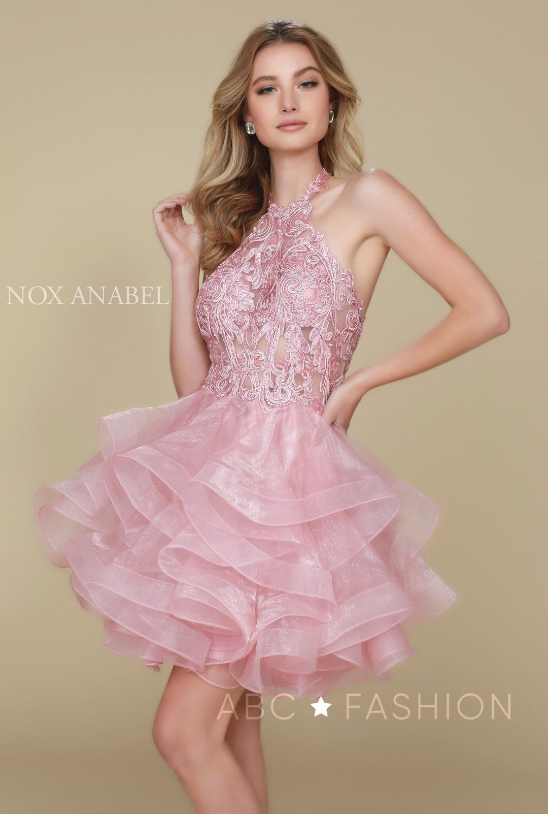 Embroidered Short Halter Dress with Tiered Skirt by Nox Anabel A610-Short Cocktail Dresses-ABC Fashion