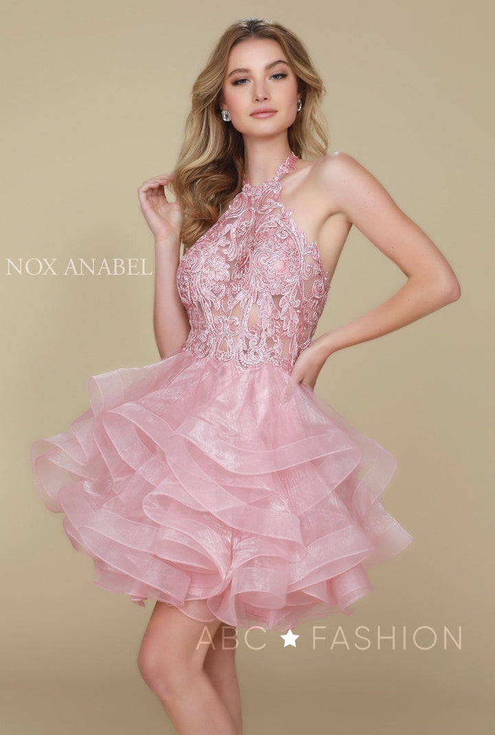 Embroidered Short Halter Dress with Tiered Skirt by Nox Anabel A610-Short Cocktail Dresses-ABC Fashion