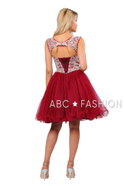 Embroidered Short Ruffled Dress with Corset Back by Poly USA 8302-Short Cocktail Dresses-ABC Fashion