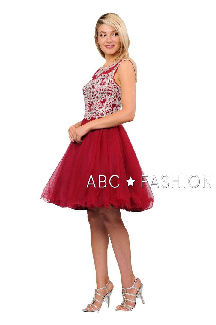 Embroidered Short Ruffled Dress with Corset Back by Poly USA 8302-Short Cocktail Dresses-ABC Fashion