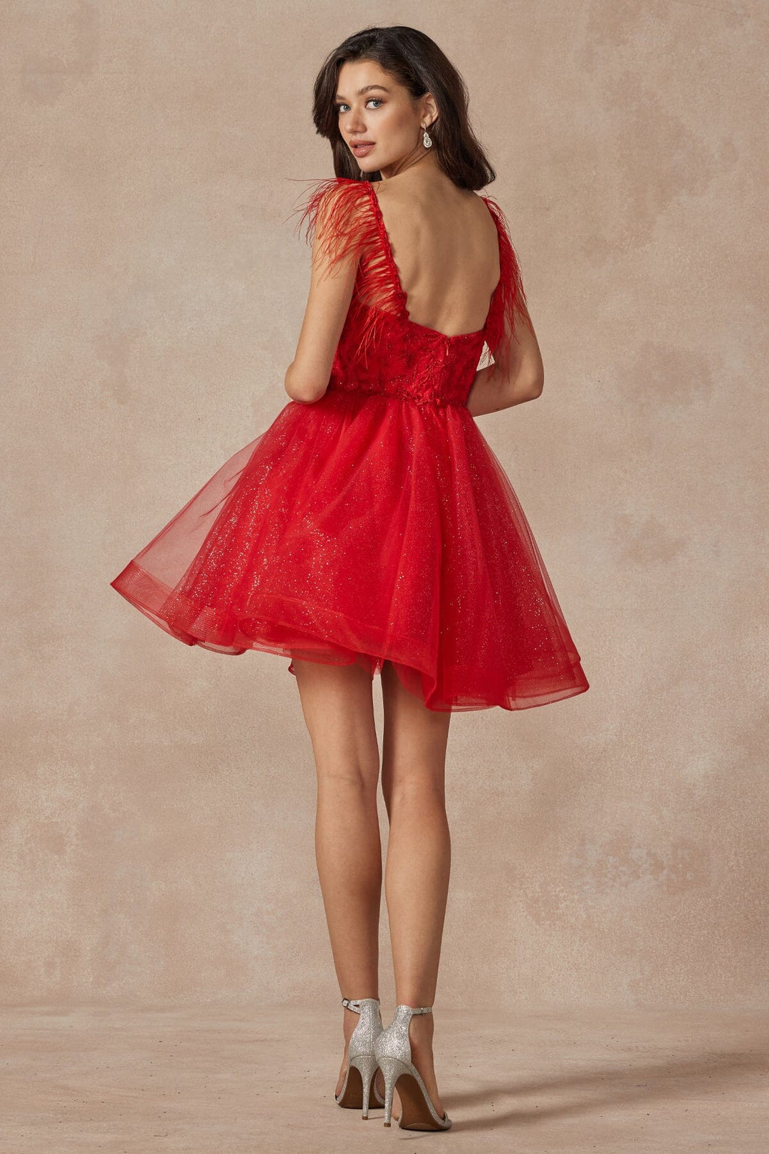 red feather dress short Black Tight Appliques Plunge V-Neck Lace Short Homecoming Dress with Feathers, Red / 10