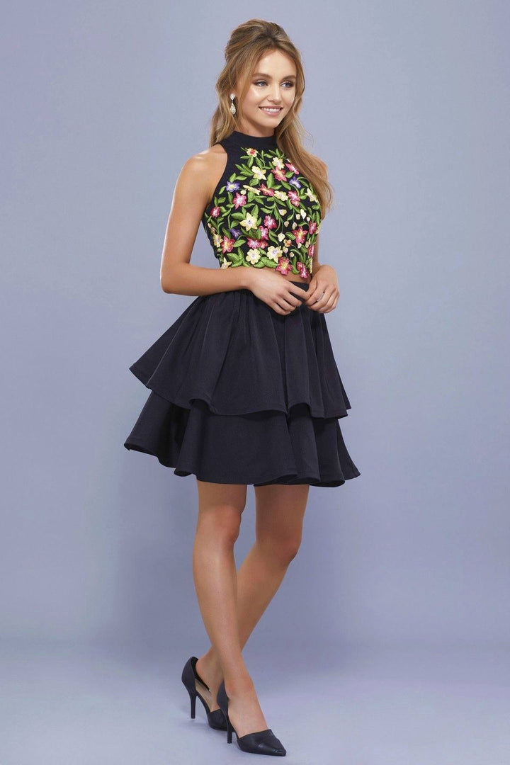 Embroidered Short Two Piece Dress with Tiered Skirt by Nox Anabel 6342-Short Cocktail Dresses-ABC Fashion