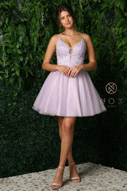 Embroidered Short V-Neck Dress by Nox Anabel E779