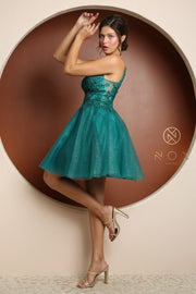 Embroidered Short V-Neck Dress by Nox Anabel E779