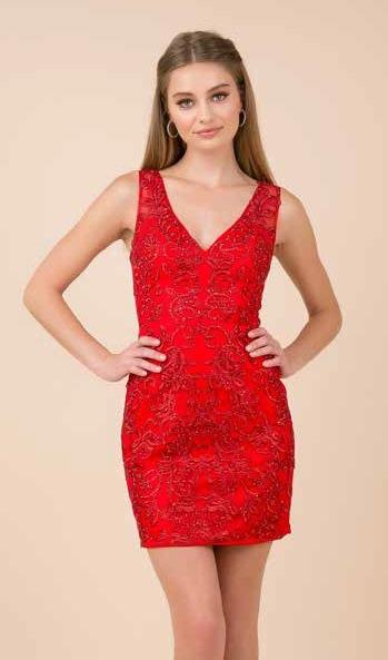 Embroidered Short V-Neck Dress with Open Back by Nox Anabel A671-Short Cocktail Dresses-ABC Fashion