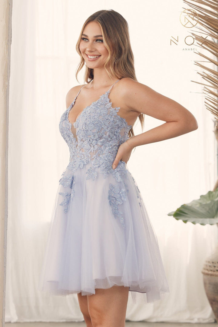 Embroidered Short V-Neck Tulle Dress by Nox Anabel G785