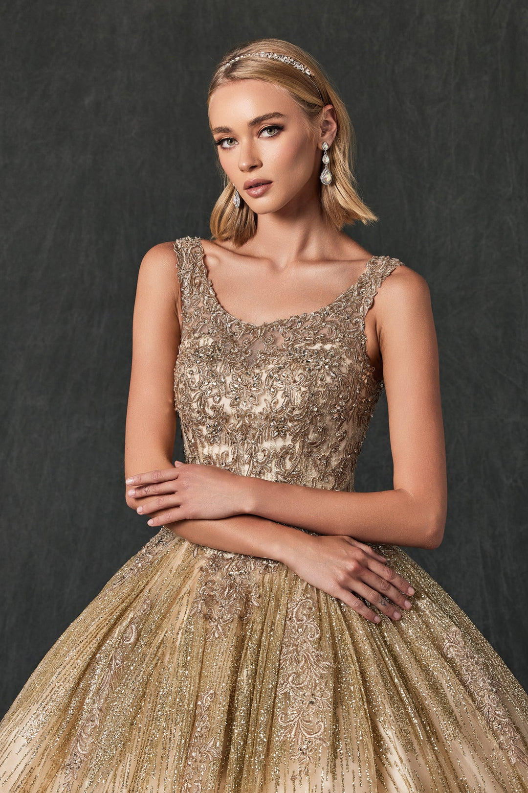 Embroidered Sleeveless Glitter Ball Gown by Juliet 1429
