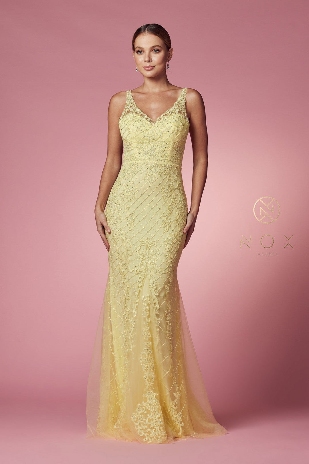 Embroidered Sleeveless Mermaid Dress by Nox Anabel A398