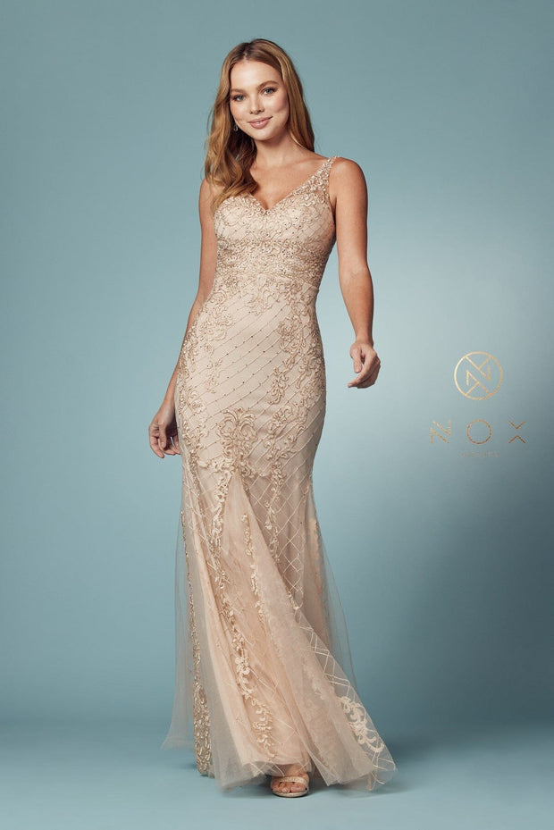 Embroidered Sleeveless Mermaid Dress by Nox Anabel A398 - Outlet