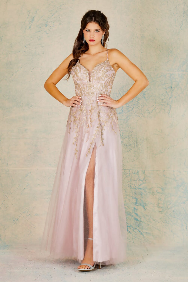 Embroidered Sleeveless Sheer Slit Gown by Adora 3099