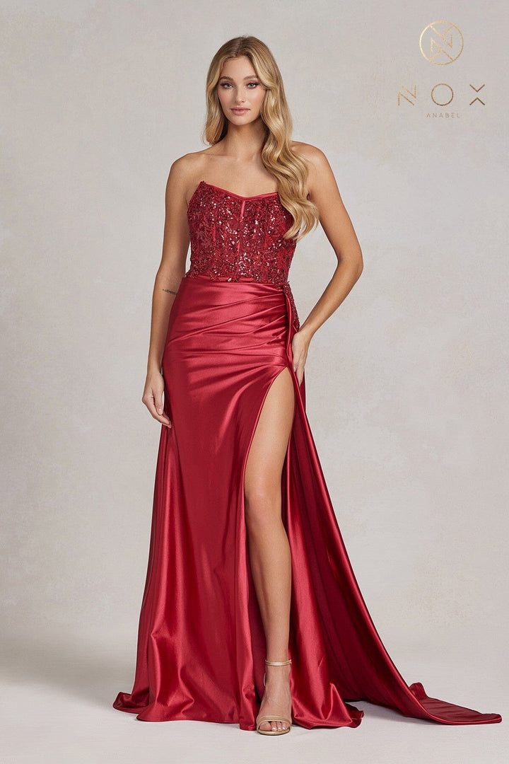 Embroidered Strapless Slit Gown by Nox Anabel E1174