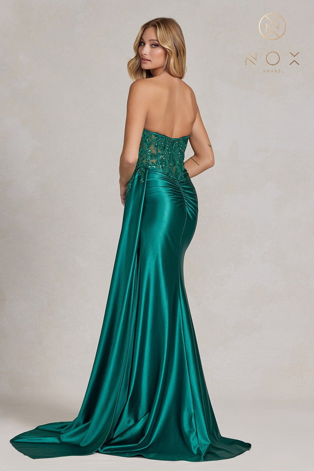 Embroidered Strapless Slit Gown by Nox Anabel E1174