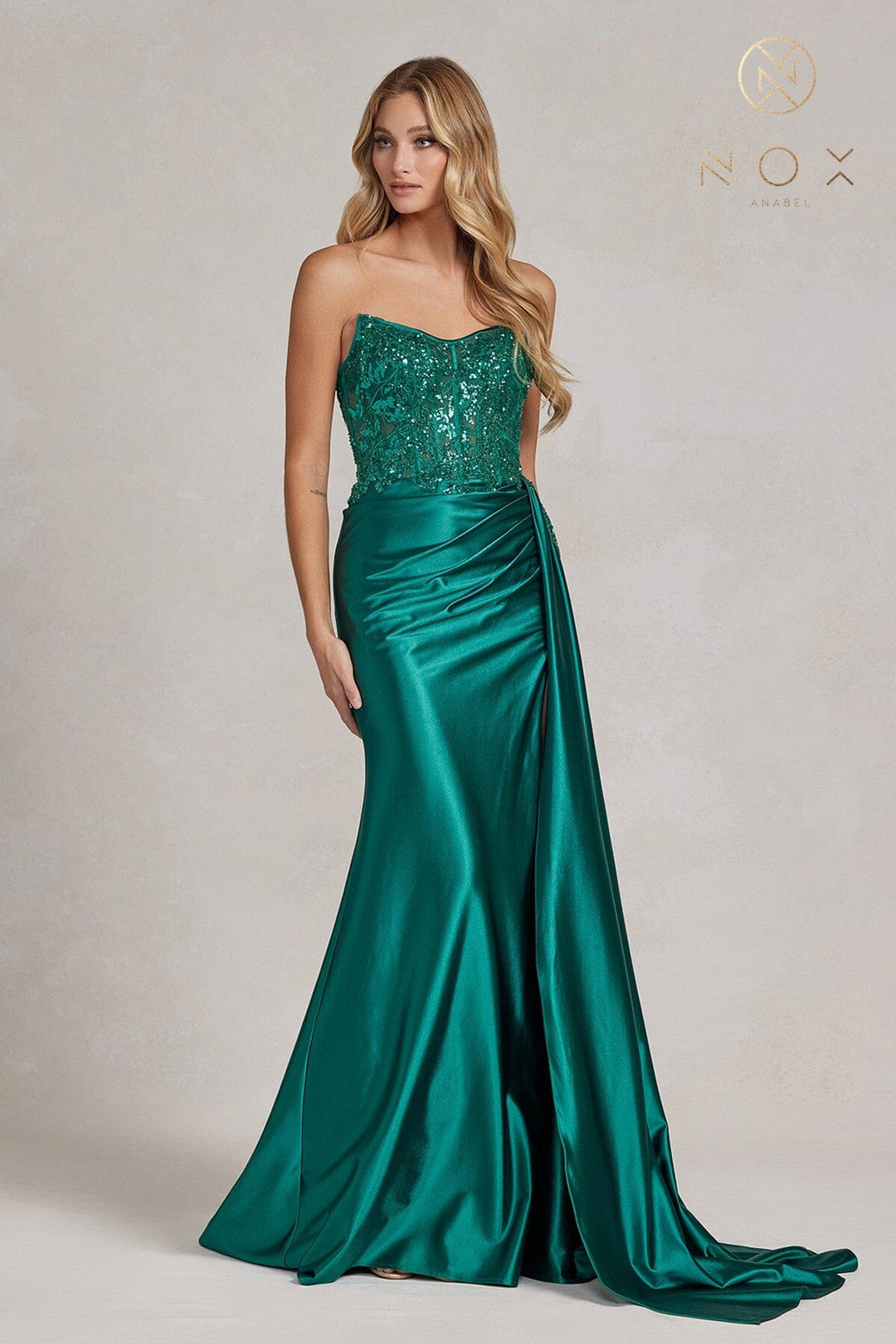 Embroidered Strapless Slit Gown by Nox Anabel E1174