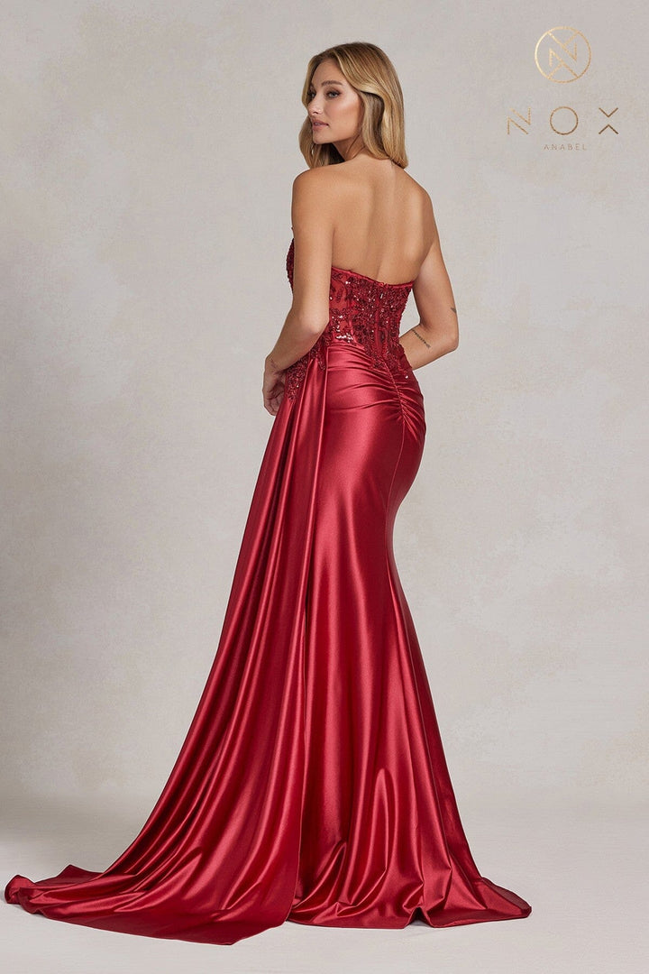 Embroidered Strapless Slit Gown by Nox Anabel E1174