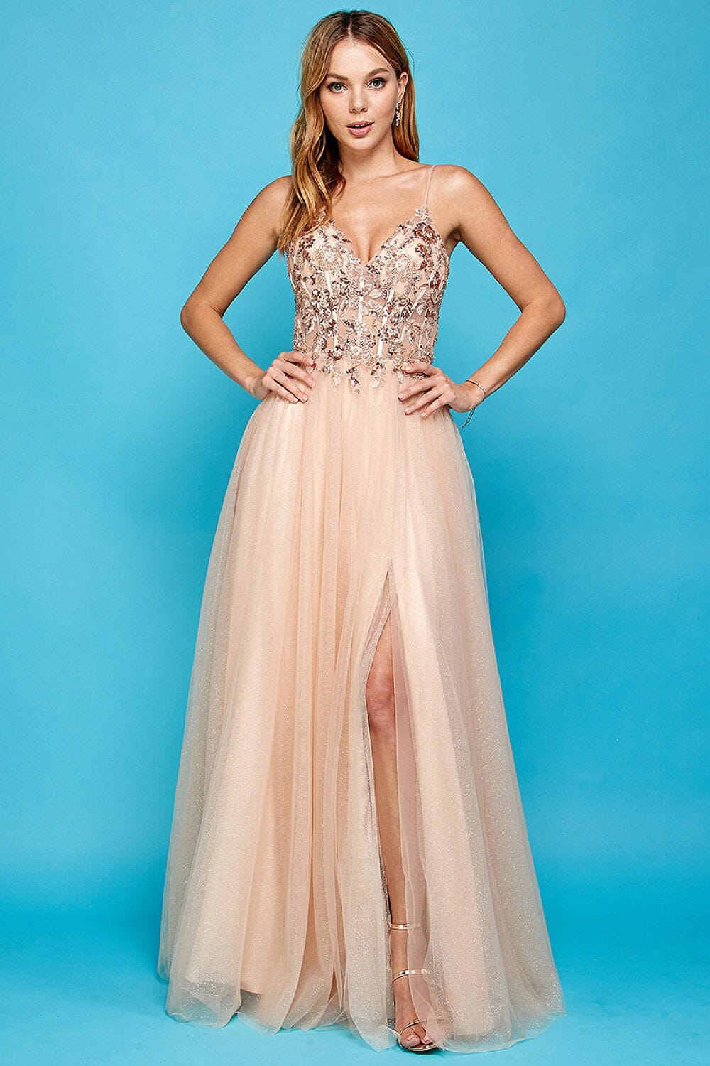 Embroidered Tulle V-Neck Slit Gown by Adora 3014
