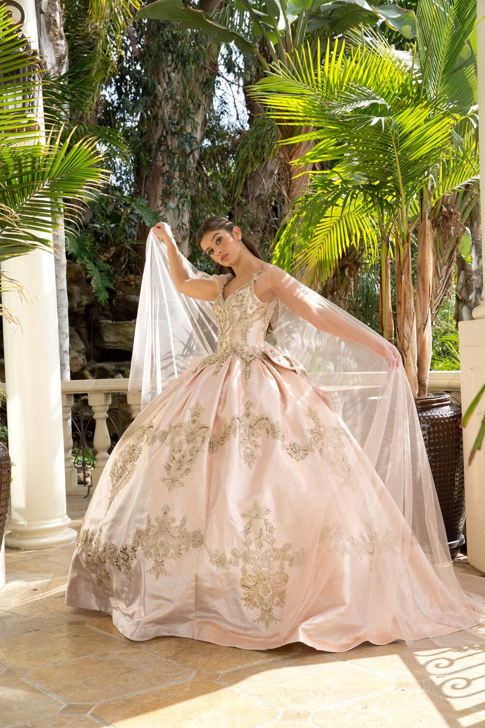 Embroidered V-Neck Cape Ball Gown by Petite Adele PQ1012