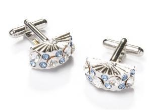 Fan Shaped Silver Cufflinks with Light Blue Crystals-Men's Cufflinks-ABC Fashion