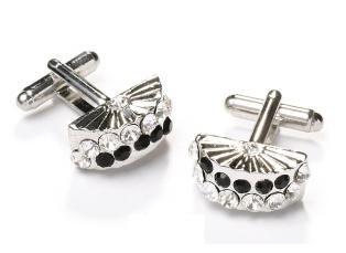 Fan Silver Cufflinks with Black and Clear Crystals-Men's Cufflinks-ABC Fashion