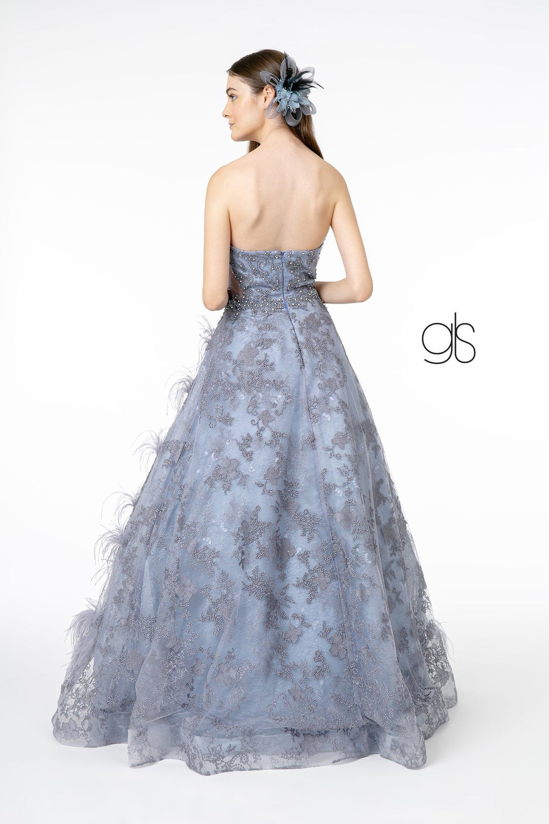 Feather Embellished Strapless Ball Gown by Elizabeth K GL1834