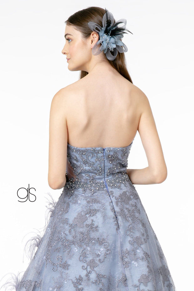 Feather Embellished Strapless Ball Gown by Elizabeth K GL1834
