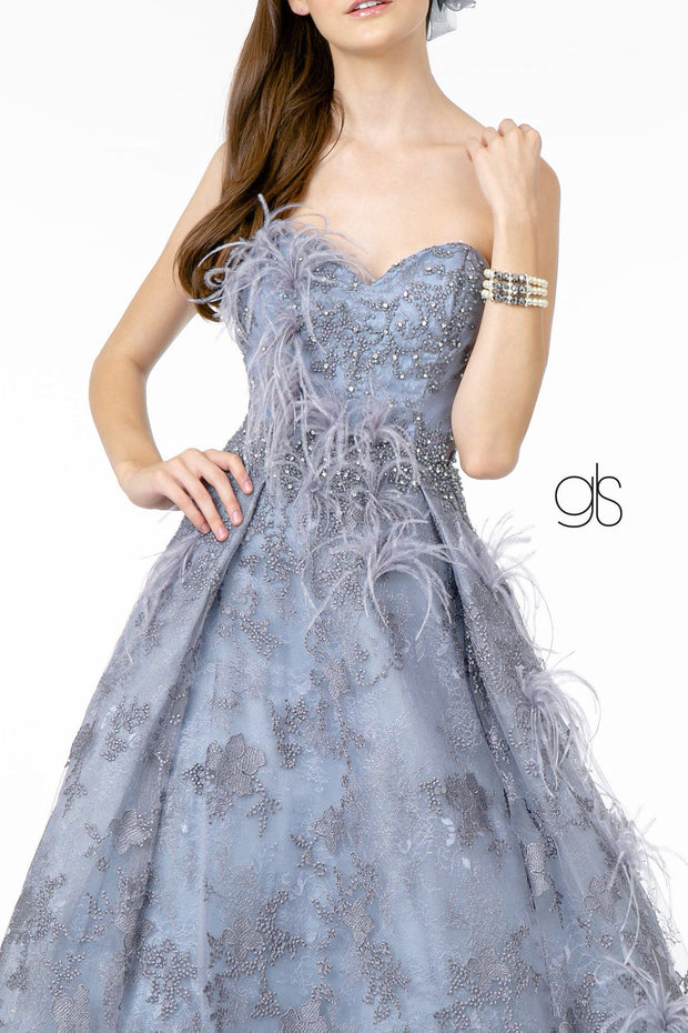 Feather Embellished Strapless Ball Gown by Elizabeth K GL1834